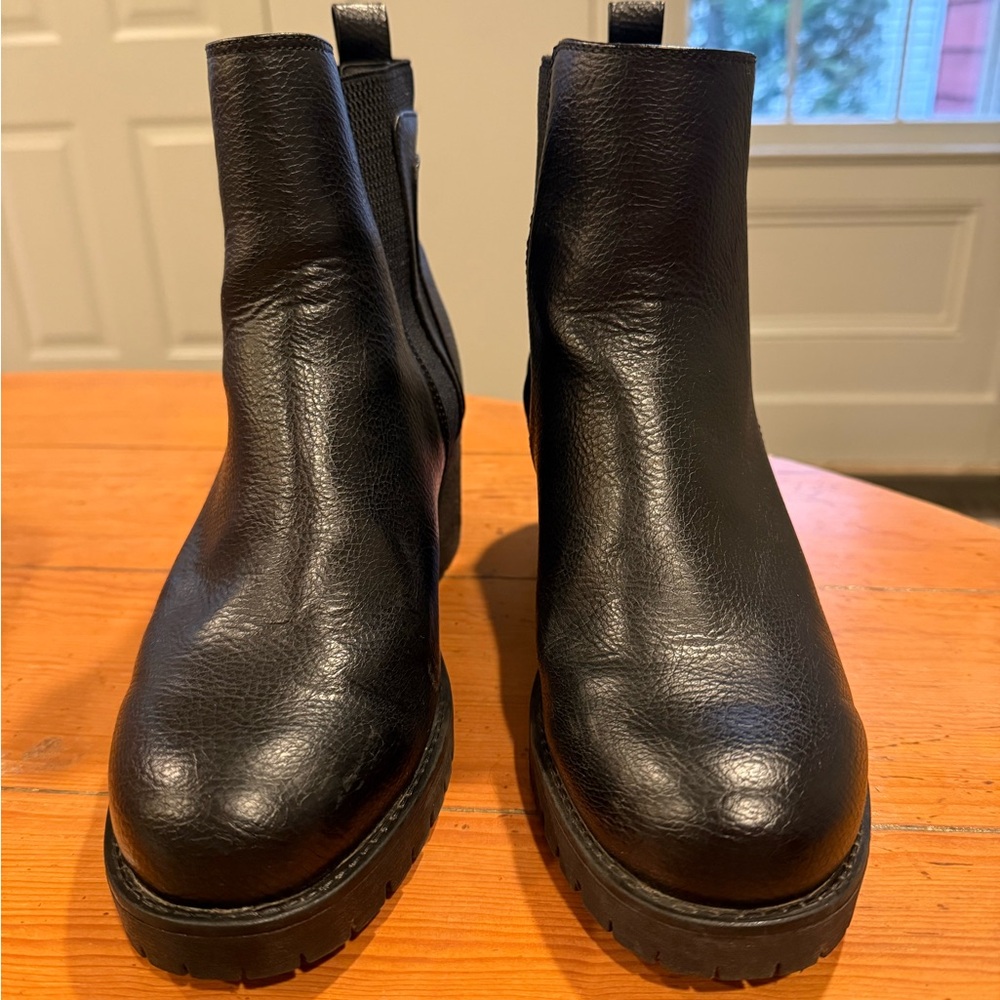 MIA Black Faux Leather Chelsea Ankle Boots Lug Sole Block Heel